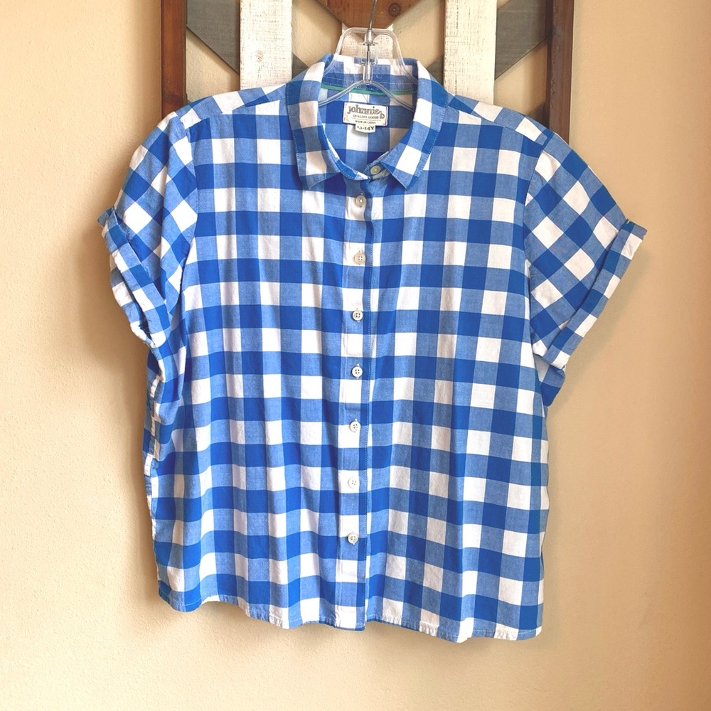 Johnnie B Womens XS/S TEEN 13-14 Boxy Blue Gingham Checker S/S Button VGUC BODEN